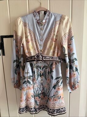 Pale Blue & Cream Floral Long-Sleeve Mini Dress with Puff Sleeves